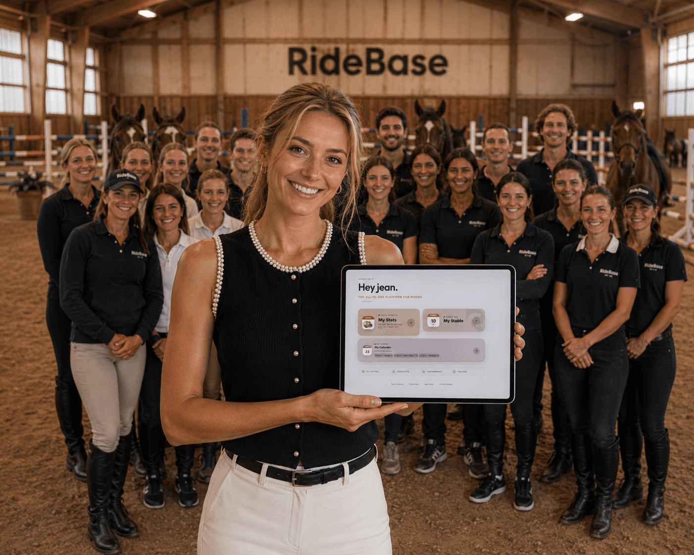 A rider showing the RideBase home screen, surrounded by her team in the arena