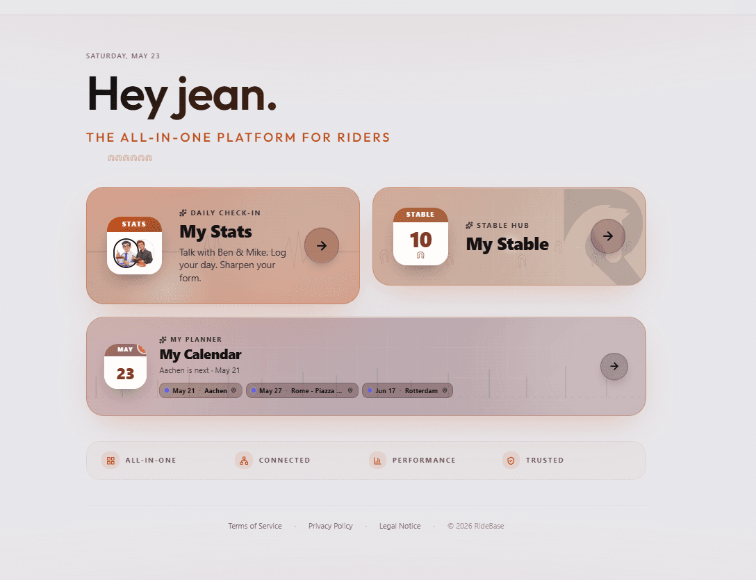 RideBase home dashboard — My Stats, My Stable and My Calendar cards